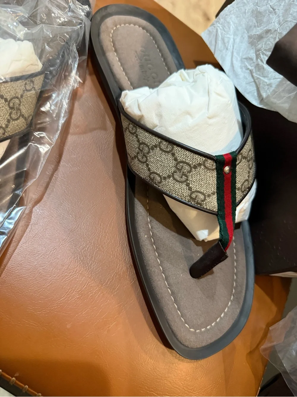 Gucci Brown Monogram Thong Sandals with Green-Red Stripe